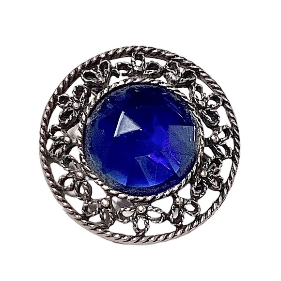 Blue Facaded Glass Stone Silver Tone Floral Statement Brooch Vintage - Picture 1 of 14